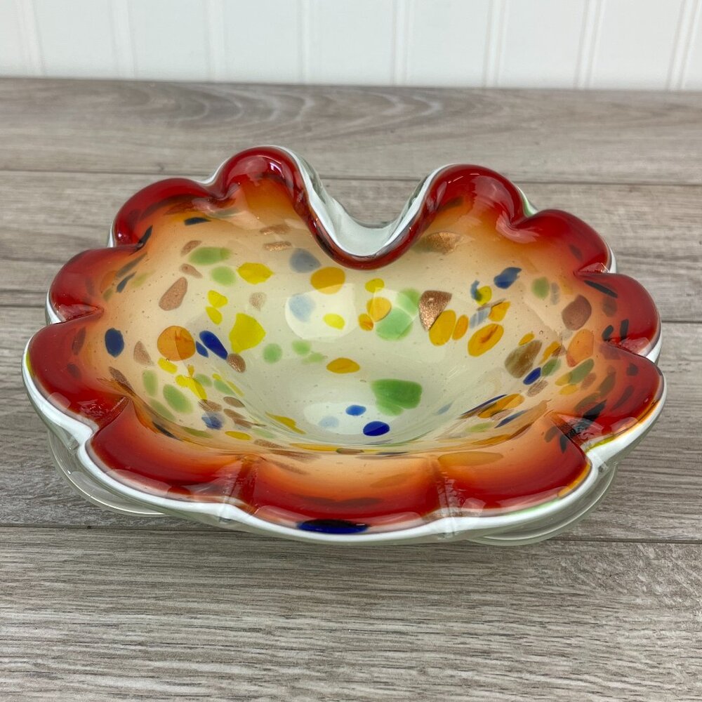 Vintage Murano Glass Tutti Frutti Bowl, Glass Art, Red Confetti, Collectible
